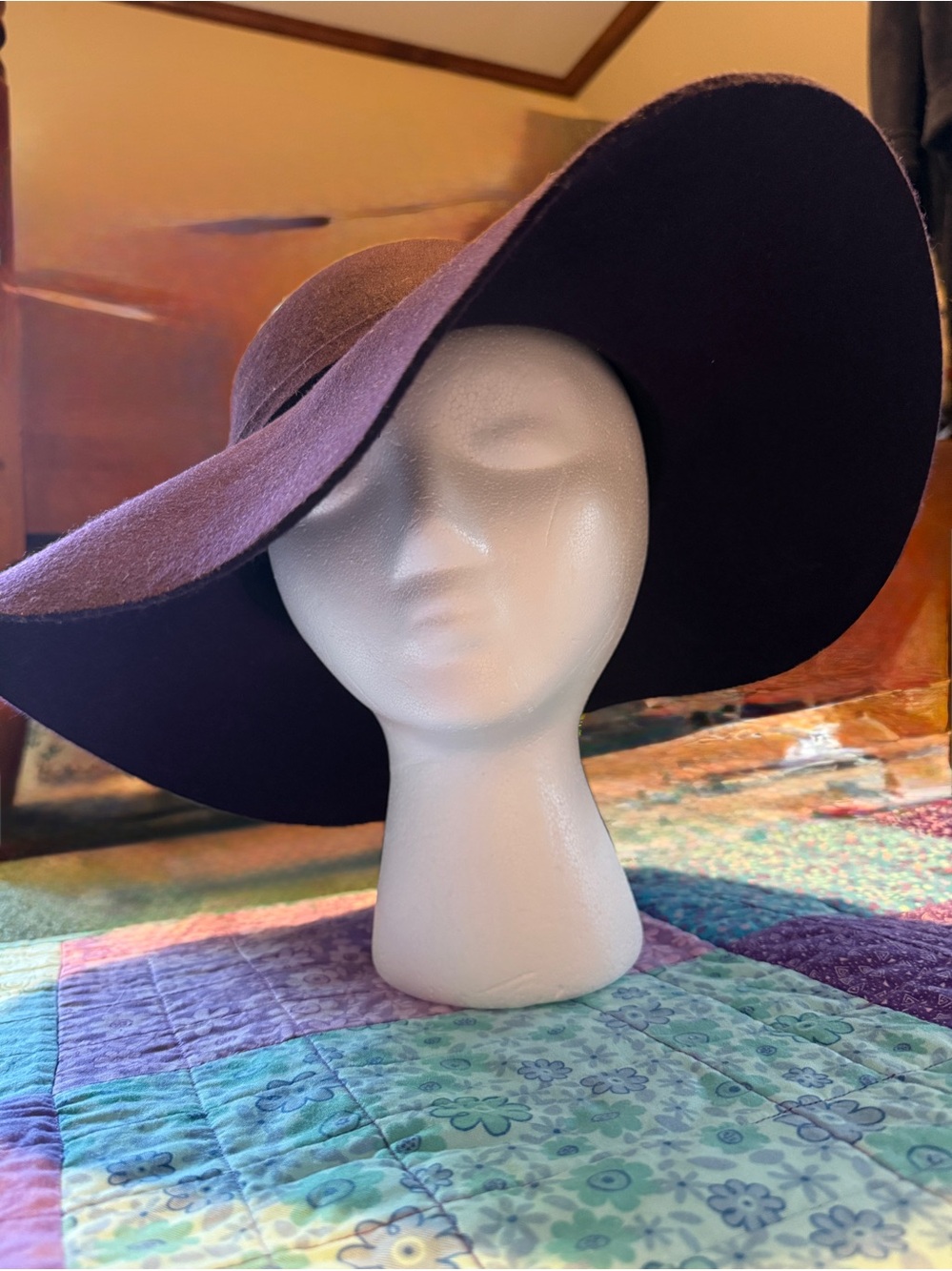 Wide brim hat 100% wool Plum burgundy boho fedora, whimsigoth, 15” New